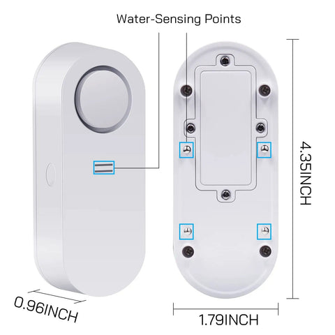 Diagram of water sensor dimensions with water-sensing points for Water Leak Alarm System With 5 Pack WiFi Water Sensors And Hub Kit