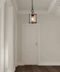 Farmhouse Pendant Lighting For Kitchen Island With Faux Wood Metal Frame And Bubbled Glass Shade For A Cozy Rustic Vibe Ceiling Fixture In Dining Room And Hallway in hallway setting