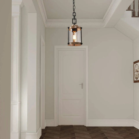 Farmhouse Pendant Lighting For Kitchen Island With Faux Wood Metal Frame And Bubbled Glass Shade For A Cozy Rustic Vibe Ceiling Fixture In Dining Room And Hallway in hallway setting