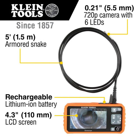Pro Grade Plumbing Borescope Endoscope With 4.9 Foot Armored Gooseneck Waterproof LED Lights 4.3 Inch LCD Preview 5.5 mm Camera Probe