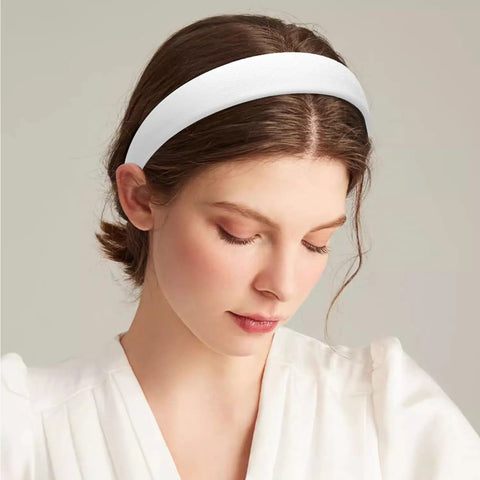 Wide 1 Inch Ultra Soft PU Leather Headband For Women Girls Comfortable Padded worn by a woman with light makeup and white top.