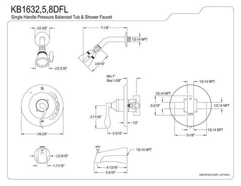 Technical diagram of NuFrench Tub and Shower Faucet in Oil Rubbed Bronze With Solid Brass Construction, Wall Mount, 7 GPM Spout Flow at 80 PSI