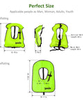 Inflatable Snorkel Vest For Adults With High Buoyancy Up To 220 Lbs Quick Inflate Free Diving Snorkeling Jacket For Safe Swimming Bright Green Great For Learners And Pros shown inflated and deflated dimensions.