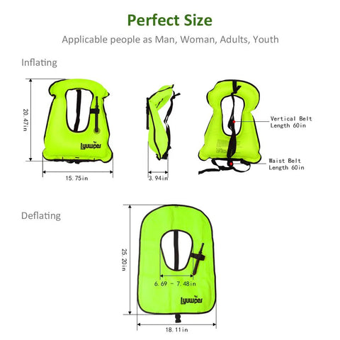 Inflatable Snorkel Vest For Adults With High Buoyancy Up To 220 Lbs Quick Inflate Free Diving Snorkeling Jacket For Safe Swimming Bright Green Great For Learners And Pros shown inflated and deflated dimensions.