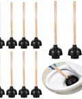 Heavy Duty Wood Handle Black Toilet Plungers Bulk Pack Of 10 in a row with rubber cups and wood handles for quick bathroom rescue.