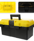 Badass Stackable Plastic Toolbox With Slick Removable Tray And Padlock Buckles To Lock It Down, black and yellow toolbox with handle.