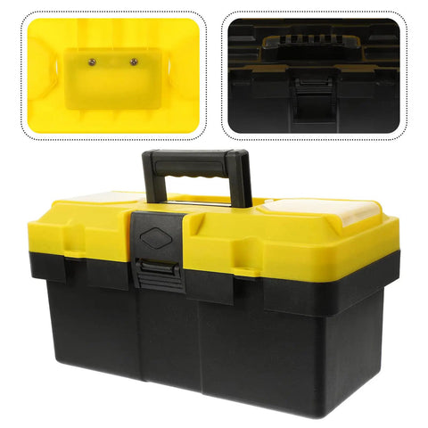 Badass Stackable Plastic Toolbox With Slick Removable Tray And Padlock Buckles To Lock It Down, black and yellow toolbox with handle.