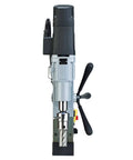 Premium Magnetic Drill Press With Rock Solid 1850 Lb Hold Fast And Killer 14.5 Amp Motor showing side view with cutting tool.