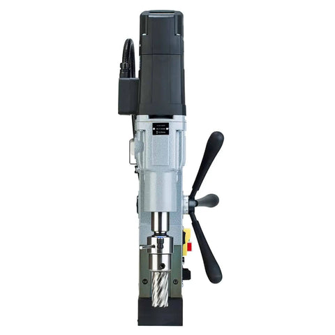 Premium Magnetic Drill Press With Rock Solid 1850 Lb Hold Fast And Killer 14.5 Amp Motor showing side view with cutting tool.