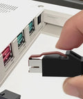 Hand connecting Slick No Sweat Plug And Play Universal Printer Cable 2 In 1 Design With 24V Power Usb To Usb Type B Plus 3 Pin Din Adapter.