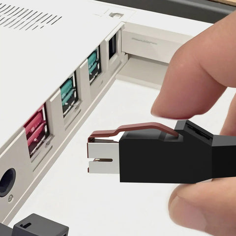 Hand connecting Slick No Sweat Plug And Play Universal Printer Cable 2 In 1 Design With 24V Power Usb To Usb Type B Plus 3 Pin Din Adapter.