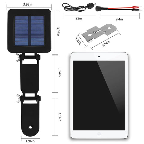 Solar Panel 6V For Deer Feeder With Adjustable Mounting Bracket And Alligator Clips shown with dimensions and parts