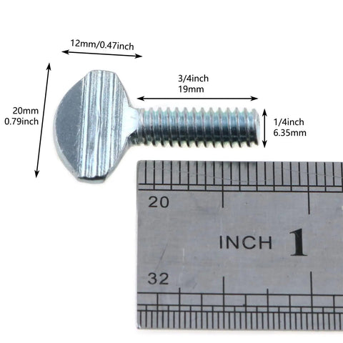 Heavy Hitting 20 Pack Galvanized Carbon Steel Thumb Screws 1/4 Inch 20 Thread By 3/4 Inch Length close-up with dimensions