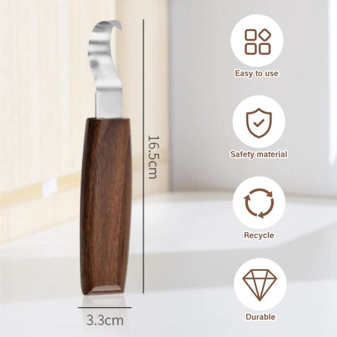 Rugged Reliable Hook Knife With Leather Sheath For Wood Carving Sweet Precision Spoon And Bowl Gouge Kit showing stainless steel blade and wooden handle.