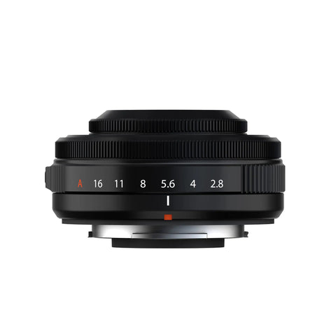 Side view of Weather Resistant Prime Lens XF27mmF2.8 R WR for X Series Cameras with aperture ring markings.