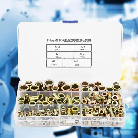 Solid 180 Piece Rivet Nut Kit With M3 M4 M5 M6 M8 M10 Zinc Plated Inserts For Auto Repair And Home DIY Projects Making Strong Threads Fast, organizer case