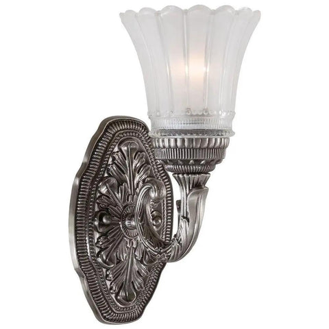 Old School Brushed Nickel Finish Wall Sconce With Etched Glass, Eleven And A Quarter Inch Tall, Five Inch Wide Glass, Classic Indoor Lighting