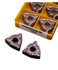 Get This 10 Pack Of Indexable Carbide Lathe Inserts With WNMG080408 Geometry And Tough Hard Alloy Design For Smooth External Turning On Steel Or Cast Iron, showing two inserts with tray.