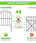 Height comparison of Arched Decorative Garden Fence Panels 10 Pack, 10ft Long By 24in High, with a small dog and another fence.