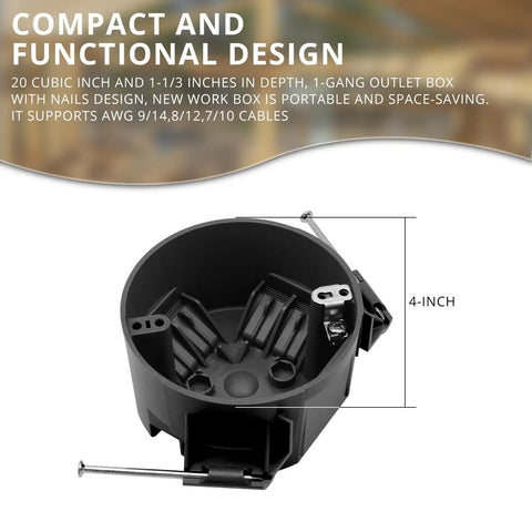 New Work 4 Inch Round Ceiling Electrical Box 1 Gang Black PVC ETL Listed 20 Cubic Inches Nail In Ceiling Box
