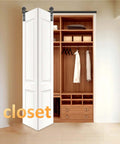 Bi-Fold Barn Door Hardware Kit For Closet, 30 Inch Track System For Two Doors, Black Roller Guides, white doors in closet view