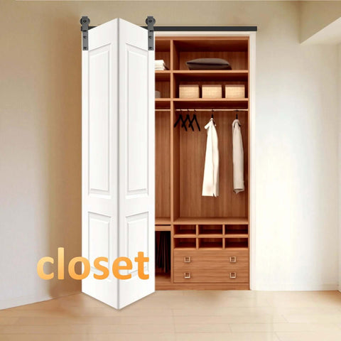 Bi-Fold Barn Door Hardware Kit For Closet, 30 Inch Track System For Two Doors, Black Roller Guides, white doors in closet view
