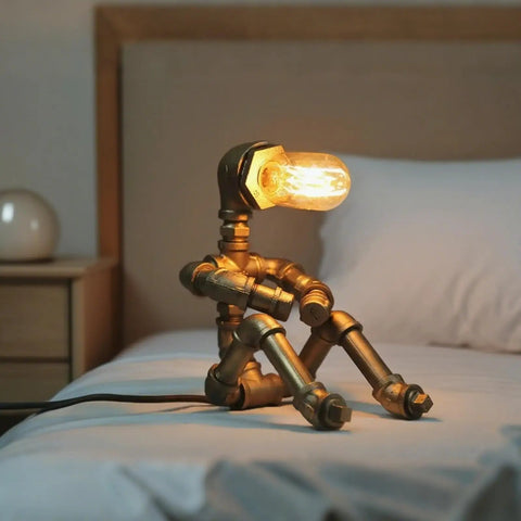 Dope Steampunk Table Lamp With Vintage Industrial Metal Robot Design, Water Pipe Desk Light on bedside table, bulb not included