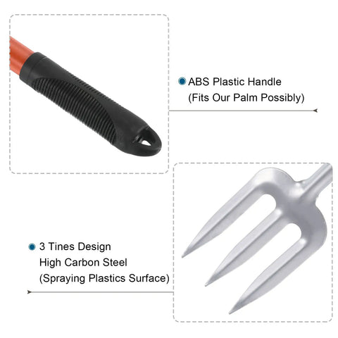 Set of 2 15.7 Inch Hand Garden Fork With 3 Tines High Carbon Steel Non Slip Ergonomic Handle detail of handle and tines
