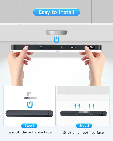 Hands installing Go-To Rechargeable Under Cabinet Lights With Battery Level Display 60 LED Motion Sensor Dimmable Touch Control