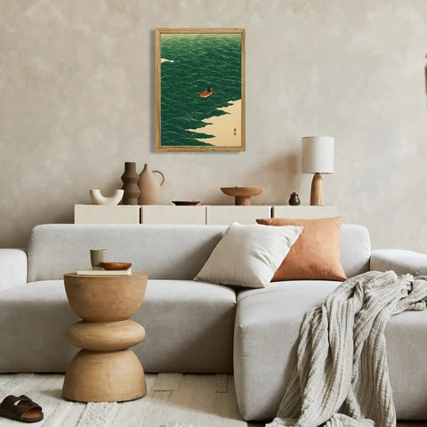Ocean Rowing Boat Canvas Print Dope Framed Wall Art For Living Room Minimalist Aesthetic Modern Home Decor 24x36 Inches With Wood Frame And Rich Vibrant Colors on beige wall above modern sofa.