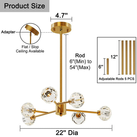 Brass Sputnik Crystal Ball Ceiling Light, Semi Flush Mount, Adjustable Rod 6 To 54 Inches, 22 Inch Diameter, Polished Gold Finish