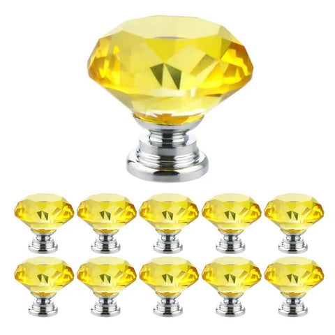Top Notch Diamond Crystal Glass Cabinet Knobs With Shiny Chrome Base: yellow diamond design with chrome base, set of ten, ideal for decor.