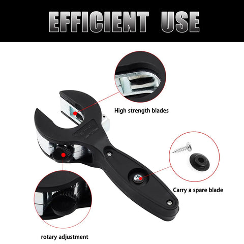Ratcheting Tubing Cutter 2-In-1 Close Quarters Pipe Cutter with features labeled, for copper PVC and metal tubes.
