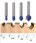 V-groove router bits set, four blue-coated 1/4 in shank bits for CNC engraving, shown over grooved wood.