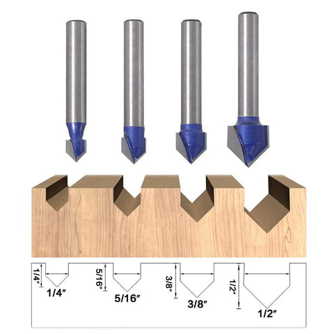 V-groove router bits set, four blue-coated 1/4 in shank bits for CNC engraving, shown over grooved wood.