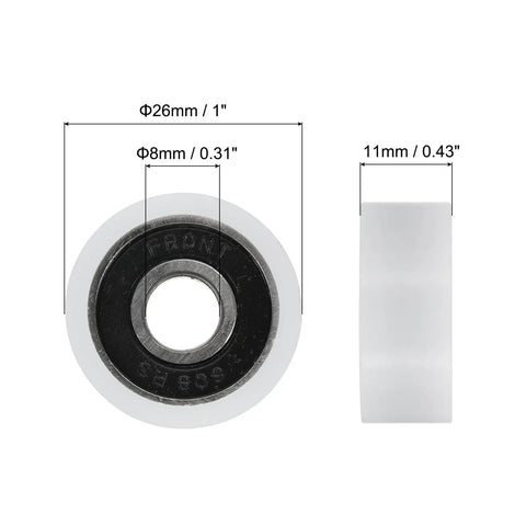Premium Nylon Round Pulley With Double Sealed Chrome Steel Ball Bearings, 1 Inch Wheel And 8mm Bore, close-up showing dimensions.