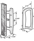 Sliding Patio Door Handle Set With Oak Interior And White Diecast Pull Mortise Lock And 45 Degree Keyway Fits Three To Fifteen Sixteenth Inch Screw Hole Spacing Non Keyed With Latch Locks Replacement For Worn Or Broken Sliding Glass Door Hardware diagram showing dimensions.