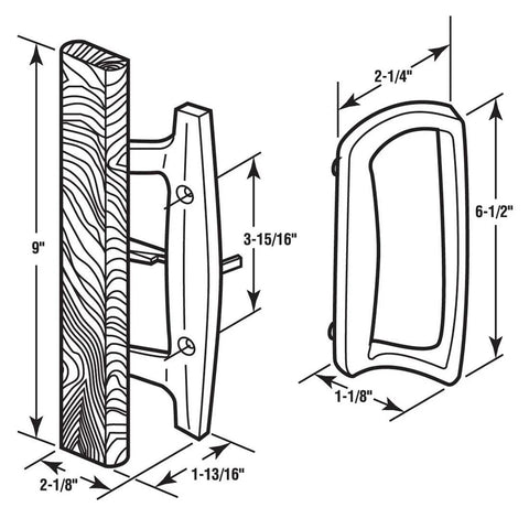 Sliding Patio Door Handle Set With Oak Interior And White Diecast Pull Mortise Lock And 45 Degree Keyway Fits Three To Fifteen Sixteenth Inch Screw Hole Spacing Non Keyed With Latch Locks Replacement For Worn Or Broken Sliding Glass Door Hardware diagram showing dimensions.