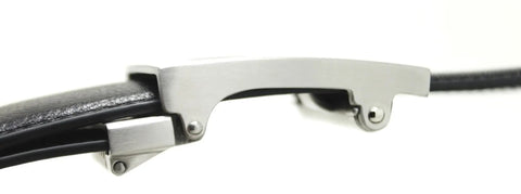 Close-up of Men's Full-Grain Leather Track Belt With Evolve Stainless Steel Buckle Micro Adjustable Hidden Track System Delivers Over 40 Sizing Positions In One Quarter Inch Increments For A Perfect Fit Everyday, showcasing the stainless steel buckle and hidden track system.