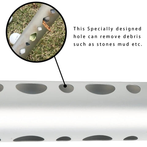 Close-up of 39 Inch Aluminum Golf Ball Picker Tool with Quick Tube Release, showing debris removal hole on sucker tube.