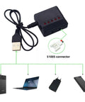 5 In 1 Smart Charger With 5 Pack 3.7V 380mAh Lithium Batteries showing USB connector and multiple charging options for compatibility.
