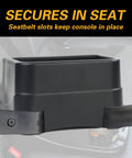 Universal Vehicle Console Organizer With Two Adjustable Cup Holders, Black, secured by seatbelt in car seat.