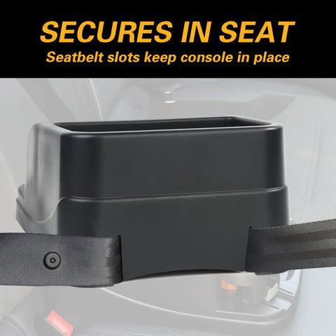 Universal Vehicle Console Organizer With Two Adjustable Cup Holders, Black, secured by seatbelt in car seat.