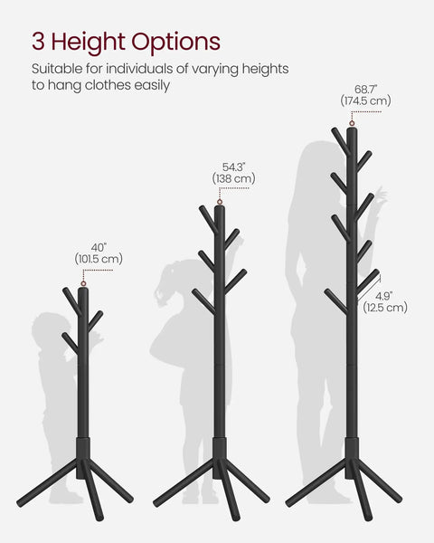 Solid Wood Free Standing Coat Rack Tree Shaped With Eight Hooks And Three Height Options For Clothes Hats Bags In Living Room Bedroom Or Home Office Black Finish