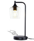 Cozy Industrial Table Lamp For Living Room With 2 USB Ports, Black Nightstand Lamp, Clear Glass Shade, Touch Control Highlighted
