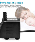 Whisper Quiet Submersible Fountain Pump 220 GPH For Ponds Aquariums Water Features And Hydroponics 15W 800 LPH shown near sleeping family
