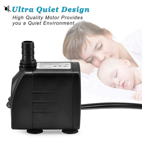 Whisper Quiet Submersible Fountain Pump 220 GPH For Ponds Aquariums Water Features And Hydroponics 15W 800 LPH shown near sleeping family