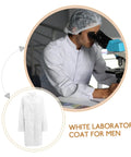 Men's White Lab Coat Long Sleeve Scrub Jacket for Medical Students and Docs, worn by a man using a microscope in a lab.