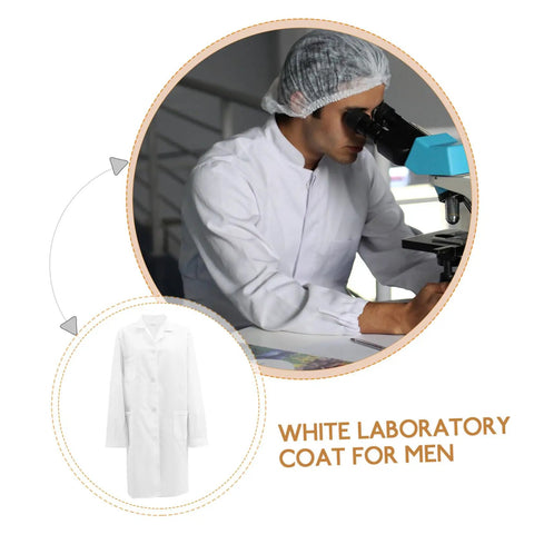 Men's White Lab Coat Long Sleeve Scrub Jacket for Medical Students and Docs, worn by a man using a microscope in a lab.