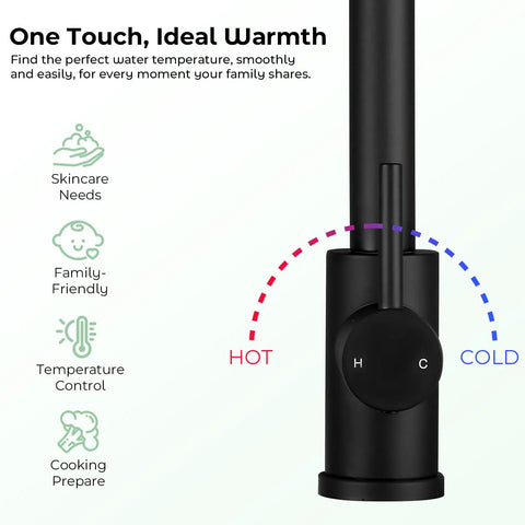 Matte Black Pull Down Kitchen Sink Faucet In Solid Stainless Steel With Single Handle Spray Head For Zero Drip Action And A Super Clean Modern Kitchen Glow Up Built Tough For Day To Day showing temperature control and smooth operation.